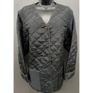 Laura Ashley Quilted Jacket 8 Black Pockets Lightweight V-Neck Snaps Preppy